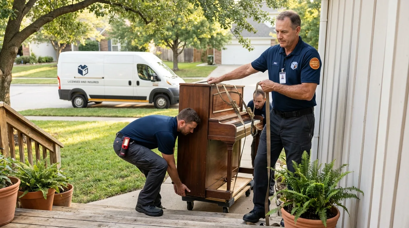 Licensed piano movers securing grand piano in Corte Madera, CA