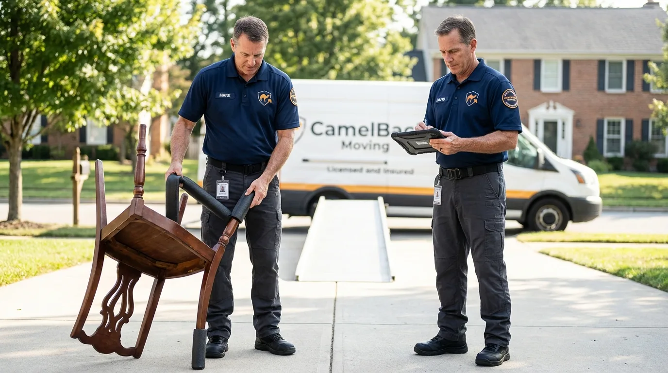 Movers inspecting furniture for damage prevention before loading in Corte Madera, CA