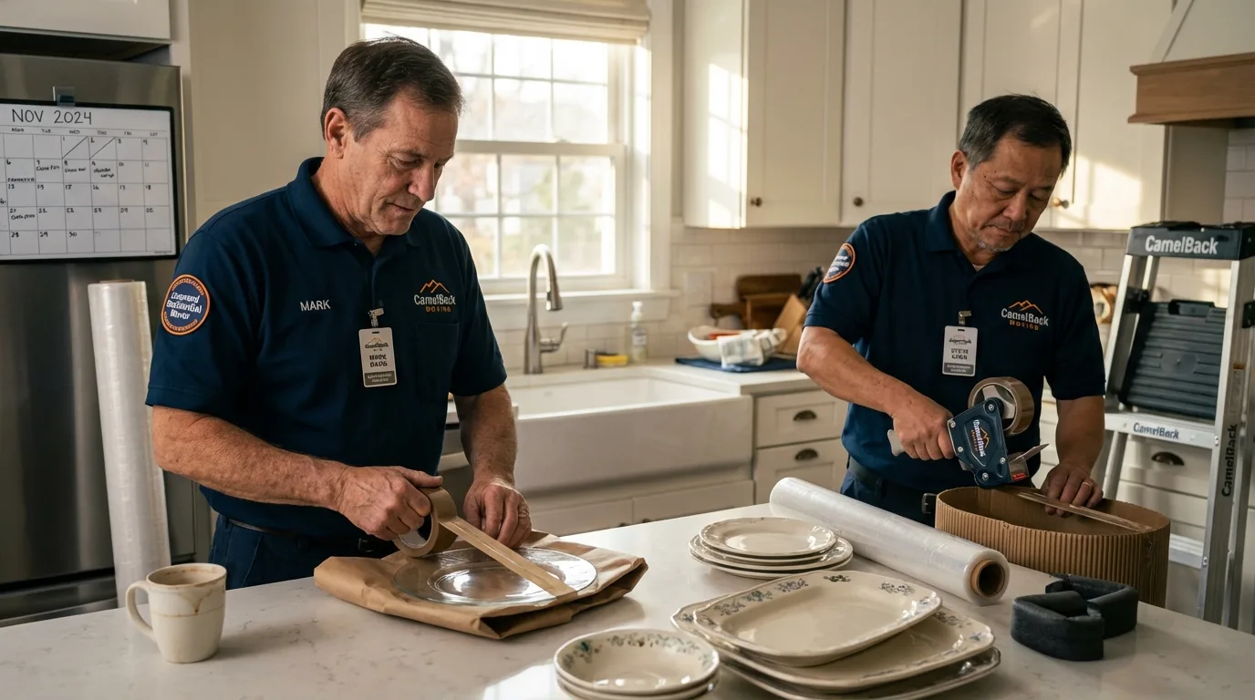 Professional crew packing kitchen dishware in Corte Madera, CA